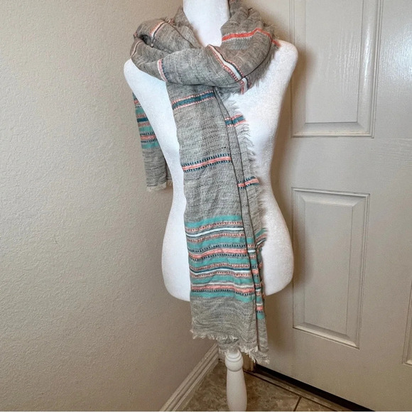 J. Jill Womens Jacquard-Woven Multi Stripe Scarf Fringe Cotton 72" x 25" - Picture 4 of 9